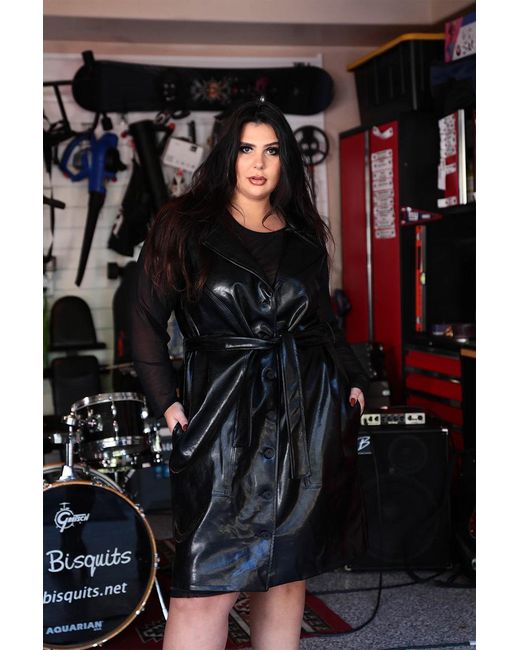 Saint Grace Black Plus Size Vegan Leather Coat Dress/Vest