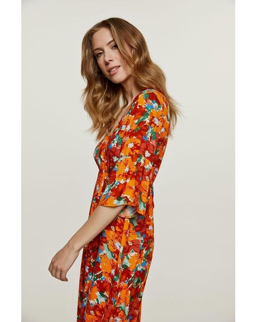 Conquista Orange Floral Ruffle Detail Midi Dress