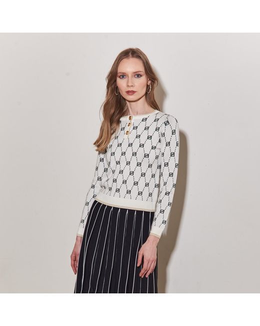 Roch Perel White Monogrammed Edged Sweater