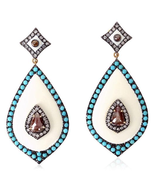Artisan Blue Pear Cut Ice Diamond & Turquoise Enamel Pretty Dangle Earrings In 18k With Silver