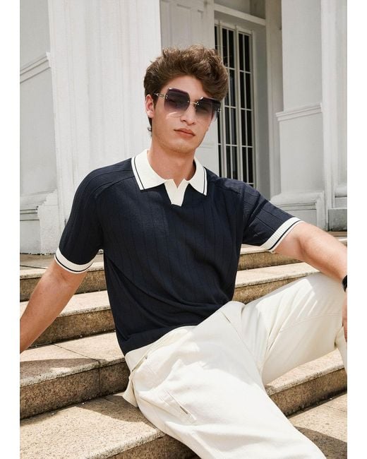 Vayla Blue Open Collar Relaxed Fit Breathable Polo Shirt for men