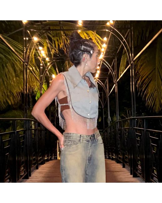 L2R THE LABEL Blue Pinstriped Reversible Metallic Fringe Vest