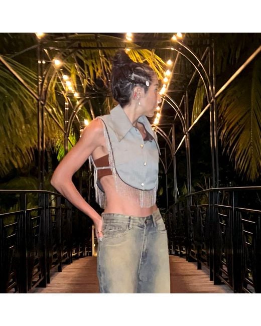 L2R THE LABEL Green Reversible Metallic Fringe Vest