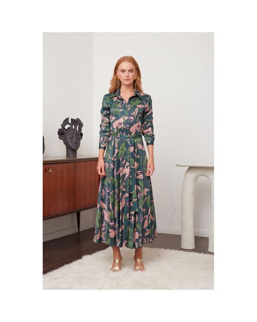 Undress Blue Bruna Floral Printed Emerald Green Pink Midi Shirt Dress