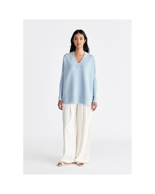 Paisie Blue V-Neck Ribbed Jumper