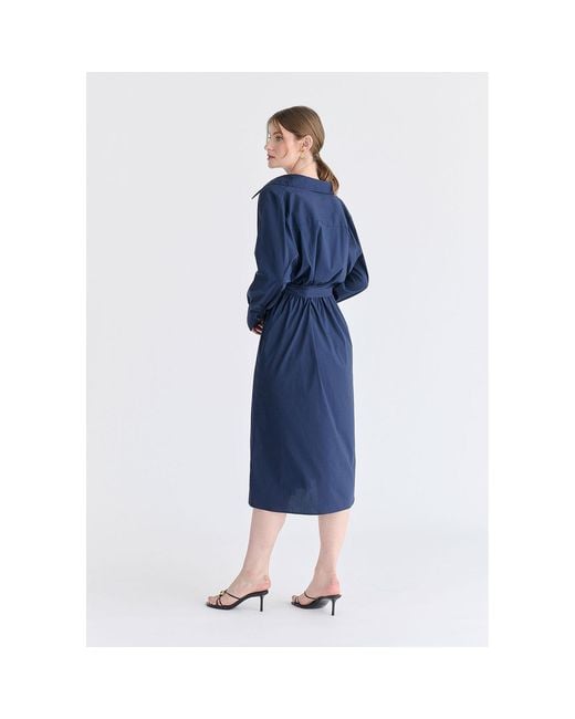 Paisie Blue Wrap Midi Shirt Dress With Metallic Button Details