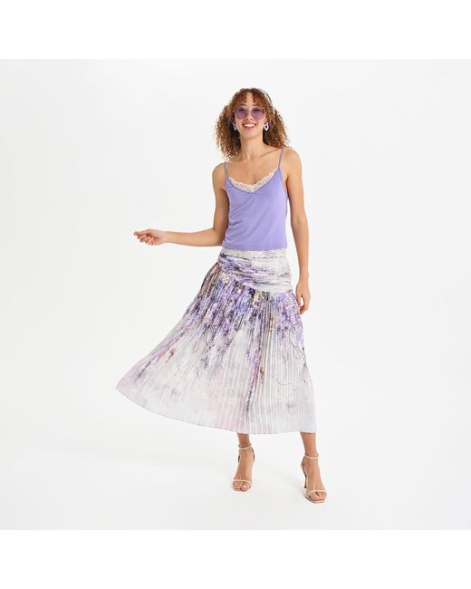 Lalipop Design Purple Abstract Floral Print Pleated Midi Skirt