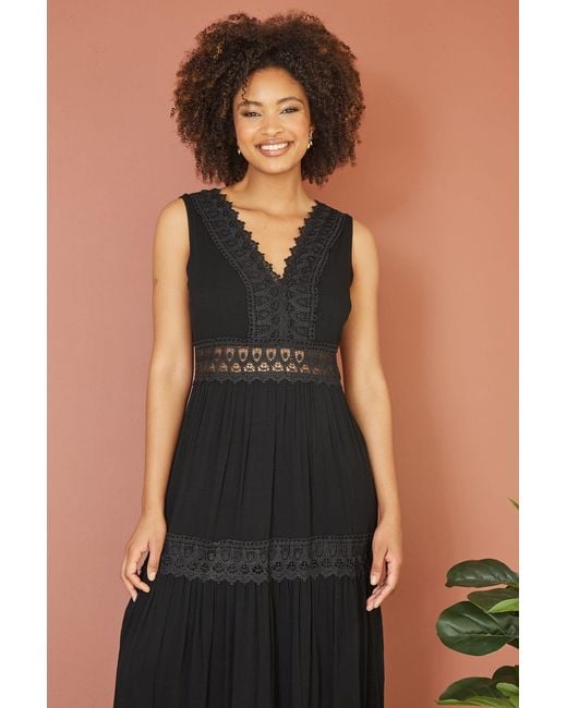 Yumi' Black Lace Trim Cotton Midi Sun Dress