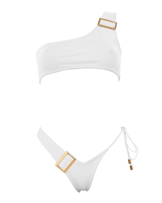 ANTONINIAS White Dulcet Double Layered Asymmetric Bikini Bottom With Golden Details