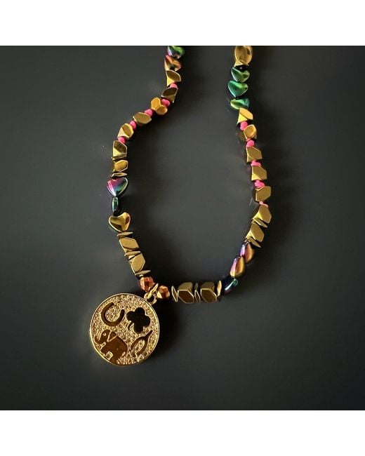 Ebru Jewelry Metallic Good Luck Symbol Design Pendant Hematite Beaded Necklace