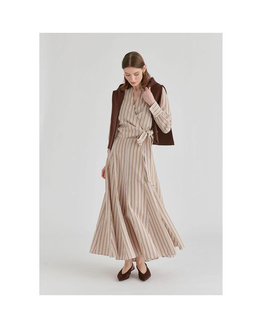 Paisie Natural Neutrals Striped Flared Maxi Skirt With Godet Paneling