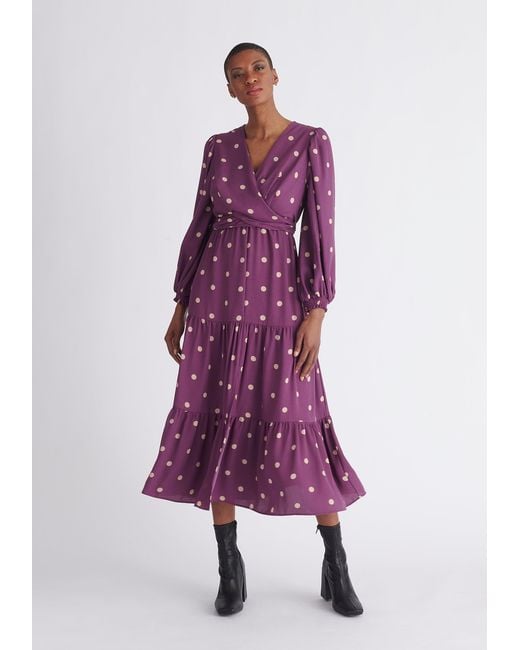 Paisie Purple Tiered Hem Polka Dot Dress