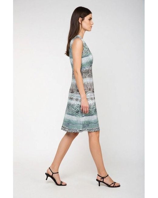 Conquista Blue Elegant V-Neck Printed Midi Dress With Flowing Silhouette
