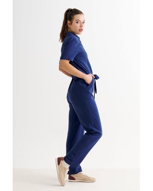 Louche Blue Justin Linen Mix Short Sleeve Jumpsuit