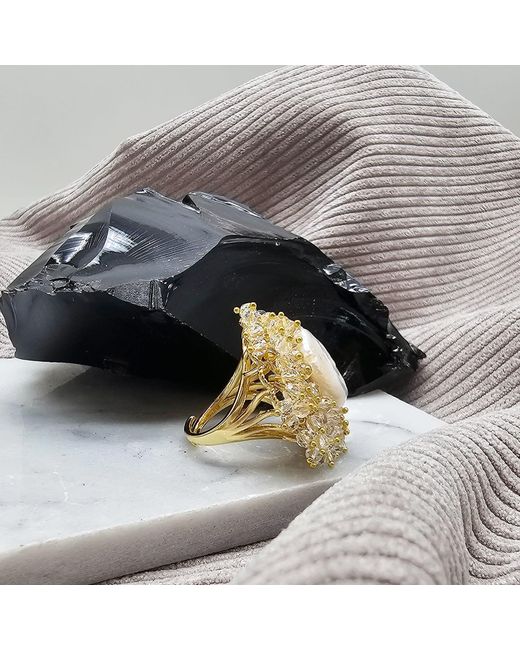 Farra Metallic Romantic Style Floral Freshwater Pearl With Crystal Cocktail Ring
