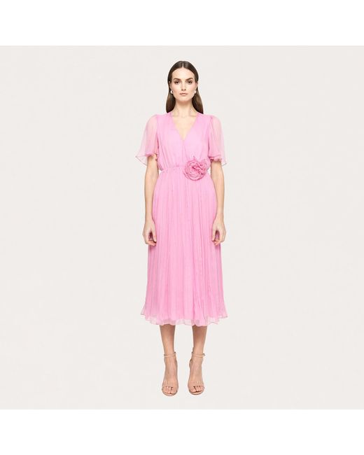 Nissa Pink Floral-Appliqué Silk Midi Dress Baby