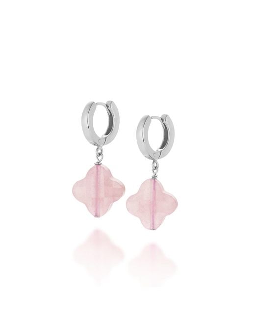 Nellou Jewellery Pink Clover Gem Hoop Earrings Rose Quartz Sterling