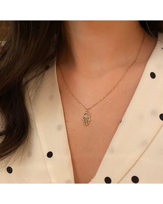 KAMARIA Metallic Evil Eye Hamsa Hand Necklace With Diamonds