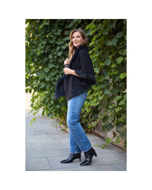 Saachi Black Fur Trim Knit Open Cardigan