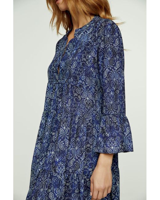 Conquista Blue Paisley A Line Dress With Bell Sleeves