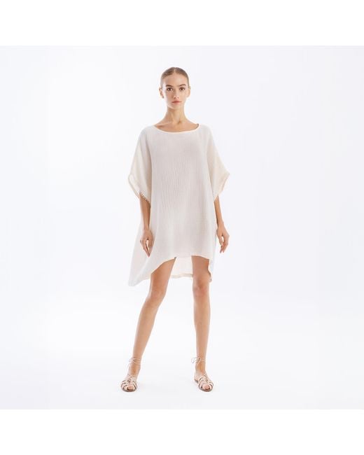 Haris Cotton Natural Loose Fit Textured Cotton Blouse With Lace Trim Ecru
