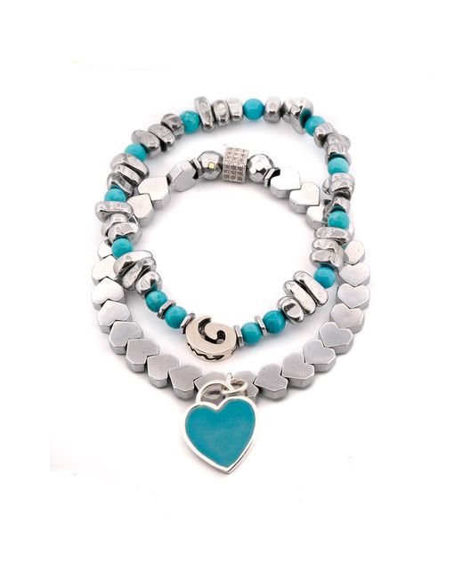 Ebru Jewelry Blue Sterling Love Charms & Hematite Stone Beaded Bracelet Set