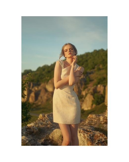 AVENUE No.29 Natural Asymmetric Neckline Boucle Mini Dress