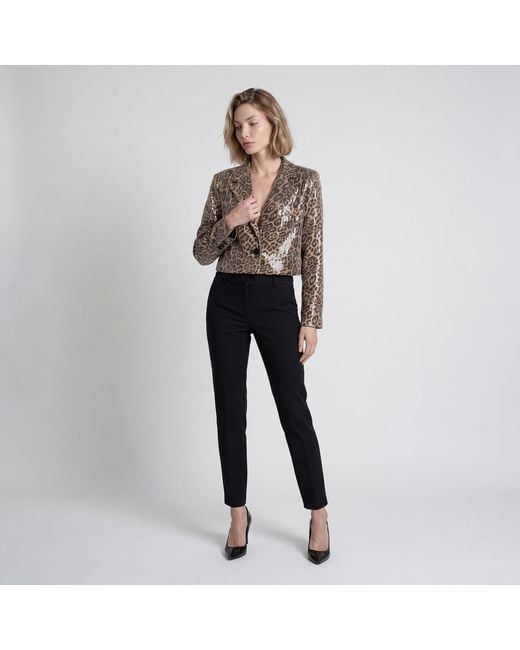 Modenaire Brown Cropped Leopard Print Sequin Blazer With Single Button Closure