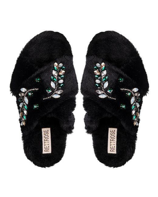 Rettrose Black Thea Luxury Plush Diamanté Embellished Handmade Slipper