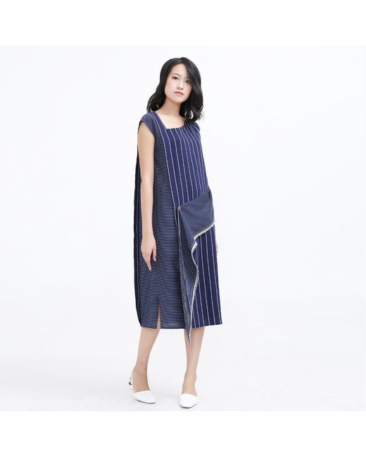 Smart and Joy Blue Asymmetric Stripe Trapeze Midi Dress