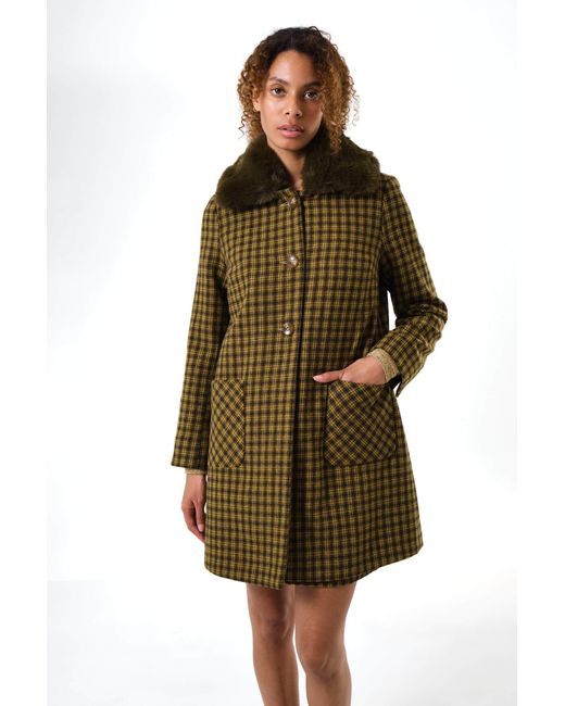 Louche Green Dryden Wyoming Check Faux Fur Collar Coat