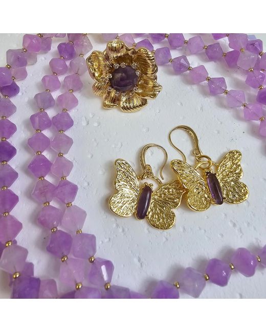 Farra Metallic Butterfly With Amethyst Stone Dangle Earrings