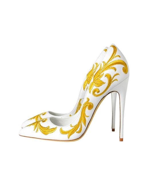 Aethra Shoes Yellow Arel Leather Embroidered Pointed Toe Stiletto Pumps