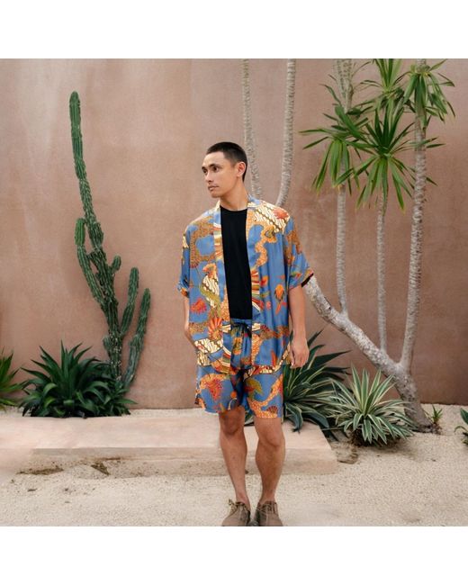 ORIGIN OF HEARTS Blue Simba Floral Festival Satin Kimono Shirt for men