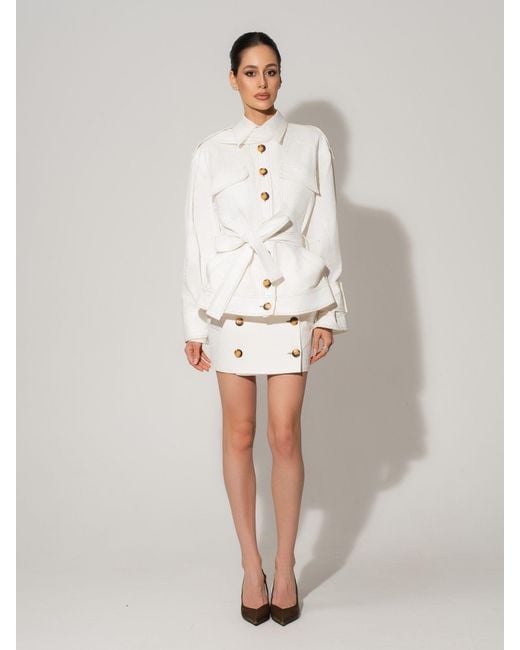 Tia Dorraine White Oversized Belted Trench Jacket & Mini Skirt Set