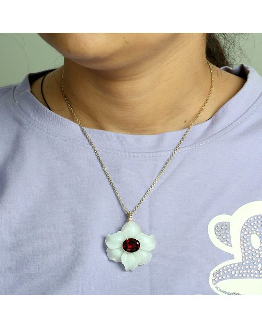 Artisan White 14K Carved Onyx & Garnet Flower Pendant