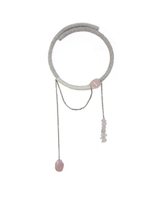 WAIWAI White Leather Choker With Rose Quartz And Chain Detail