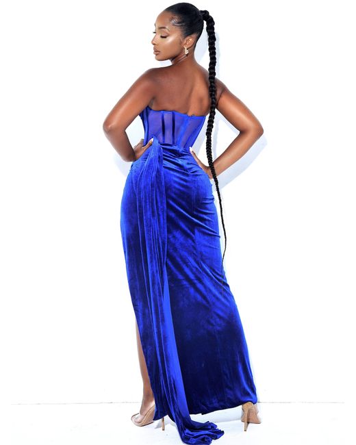Miss Circle New York Blue Priya Royal Draping Corset High Slit Velvet Gown