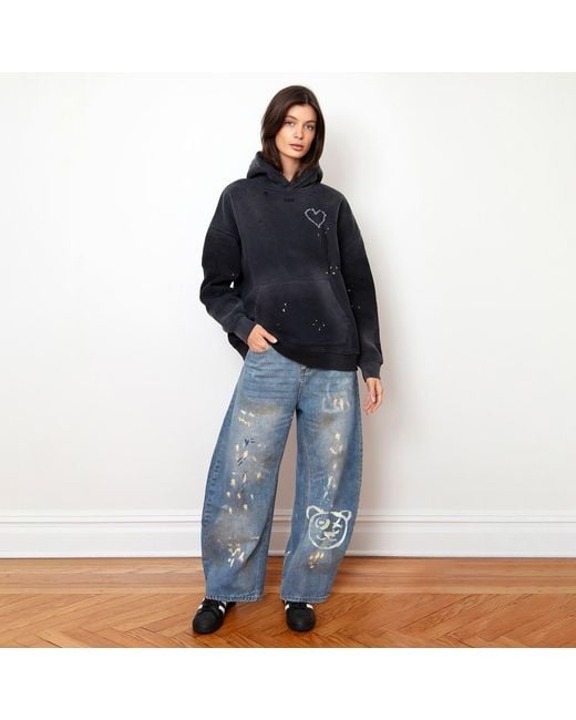 X Ilona Blue Black Love Riot Custom Distressed Frayed Cotton Hoodie