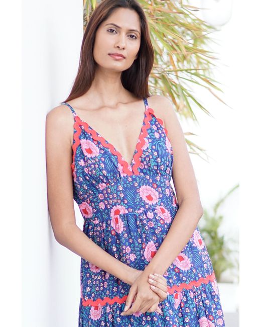 La Mandarine Blue Summer Maxi Dress With Pockets. Block Print Cotton Summer Maxi Dress Beatriz