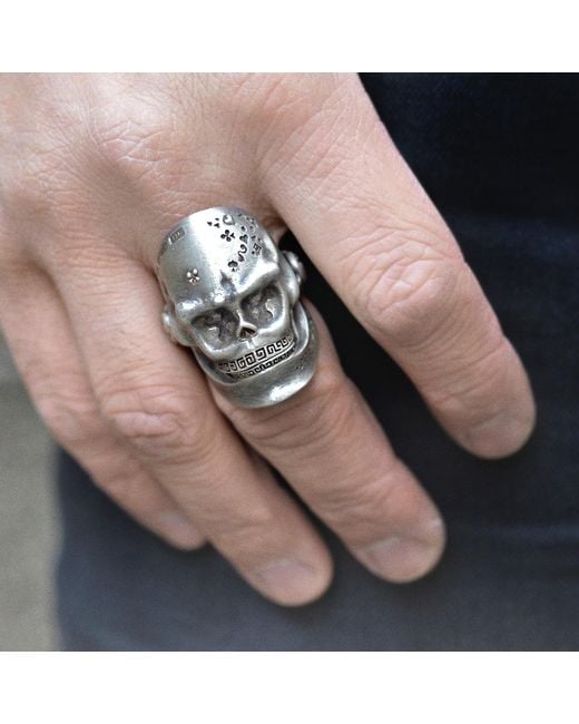 Snake Bones Metallic Skull Ring With Hinged Jaw In Sterling Silver for men