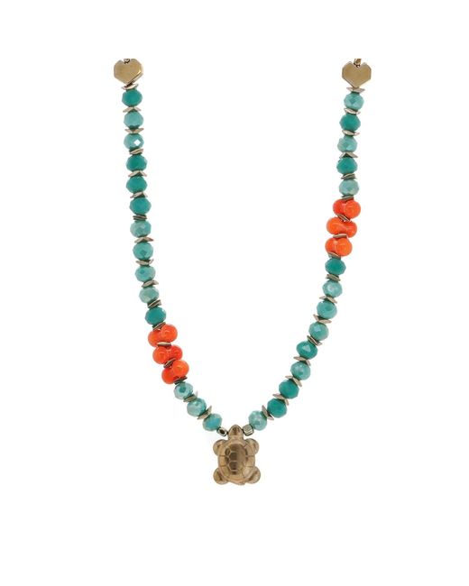 Ebru Jewelry Blue Turtle Blessing Crystal & Coral Beaded Necklace