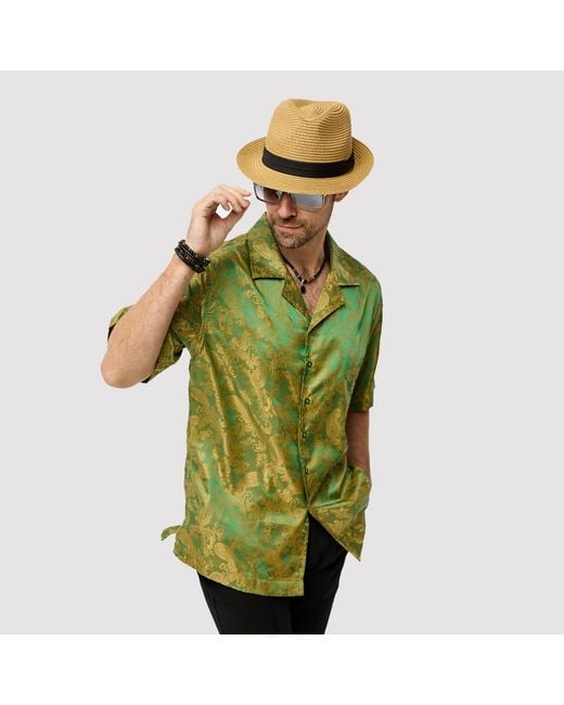 DAVID WEJ Green Washington Cuban Collar Paisley Shirt for men