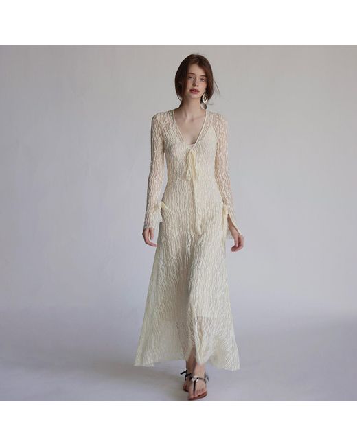 Belsize25 Natural Trumpet Dress Flared Sleeve Sheer Lace Knit Dress