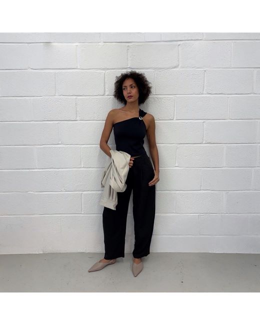 London Atelier Byproduct Black One Shoulder Top With Brooch