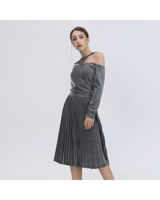 Smart and Joy Gray Asymmetric One Off-Shoulder Shiny Top
