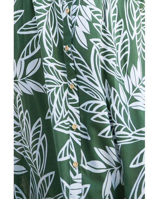 Yumi' Green Leaf Print Viscose Relaxed Midi Shirt Dress