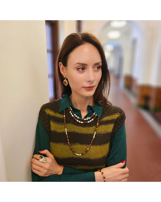 Farra Metallic Freshwater Pearls With Tiger Eye Double Layers Necklace