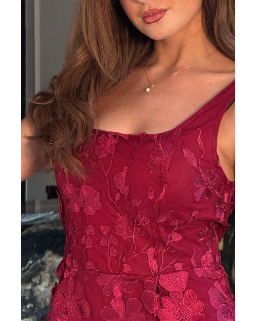 Girl In Mind Red Celeste Floral Square Neck Mini Dress Berry