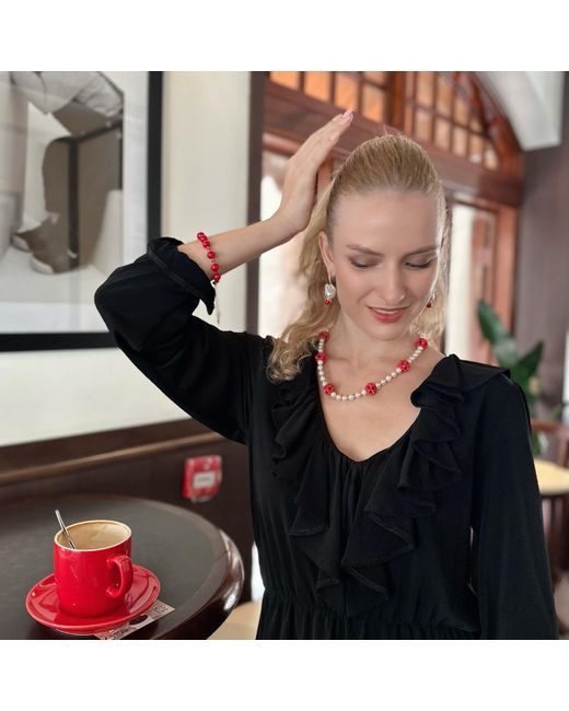 Farra Red Coral Flower Ball And Freshwater Pearls Statement Necklace
